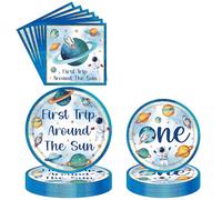 First Trip Around The Sun - 96 Pcs Outer Space Theme Dinner Plates Dessert Plates Napkins Party Paper Tableware Set Supplies for Boys Girls Kids Birthday Party Serves 24 Guests