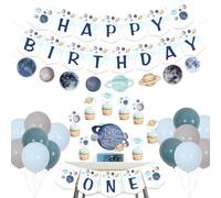 First Trip Around The Sun Birthday Decorations for Boy, Space One High Chair Banner & Galaxy Happy Birthday Garland, Planet Cake Toppers & Astronaut Rocket Balloons for 1st Birthday Party Supplies