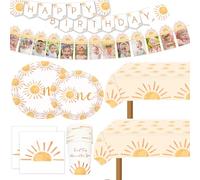 First Trip Inspired Around The Sun Birthday Decorations - Boho One 1st Birthday Party Supplies - 102pcs Paper Plates, Napkins, Cups, Table Cloth - You Are My Sunshine Theme