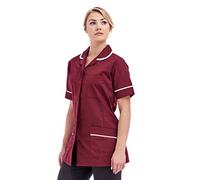 First Uniform Solutions Ladies Round Collar 2 Hip and 1 Breast Pocket Concealed Zip Front Fastening Collar Lower Pockets with Contrast Trim Half Sleeve Pocket Tunic (14, Burgundy/White Trim)