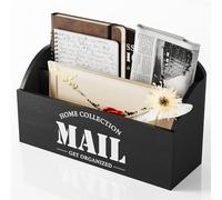 First-zgel Mail Organizer Countertop, Wood Mail Holder with 2 Slots, Rustic Mail Basket Mail Sorter for Wall, Bill Envelope Letter Holder for Home Office (Black