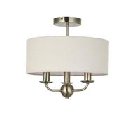 firstchoicelighting Antique Brass 3 Light Semi Flush Ceiling Fitting, Oatmeal Linen Shade, Candelabra Design Living Bedroom Lighting, Diameter 35cm, Dimmer and LED Compatible