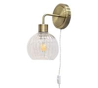firstchoicelighting Antique Brass Plug in Wall Light or Bedside Reading Lamp with Clear Ribbed Glass Shade
