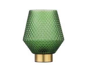 firstchoicelighting Battery Operated Table Lamp or Bedside Light, Satin Brass with Green Textured Glass, 2W S14 Bulb Included, 20cm Height