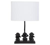 firstchoicelighting Black Monkeys Table Lamp or Bedside Light with White Fabric Shade, Three Monkey Animal Design, Height 41 cm, LED Compatible