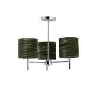 Brea Chrome Ceiling Light Fitting with Green Crushed Velvet Shades, LED Compatible, Modern Semi Flush Design