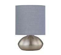 firstchoicelighting Brushed Chrome Touch Operated Table Lamp or Bedside Light, Modern Design, Height 22cm, Grey Cotton Shade, LED Compatible