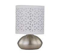 firstchoicelighting Brushed Chrome Touch Operated Table Lamp or Bedside Light, Modern Design, Height 22cm, White Cut Out Shade, LED Compatible