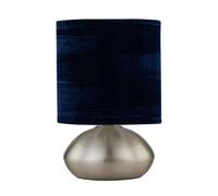 firstchoicelighting Brushed Chrome Touch Operated Table Lamp or Bedside Light, Modern Design, Height 22cm, Navy Blue Crushed Velvet Shade, LED Compatible