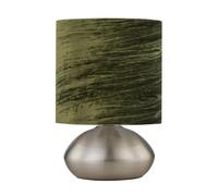 firstchoicelighting Brushed Chrome Touch Operated Table Lamp or Bedside Light, Modern Design, Height 22cm, Green Crushed Velvet Shade, LED Compatible