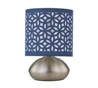 firstchoicelighting Brushed Chrome Touch Operated Table Lamp or Bedside Light, Modern Design, Height 22cm, Navy Blue Cut Out Shade, LED Compatible