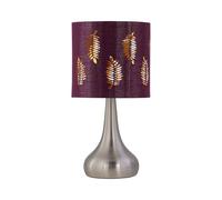 firstchoicelighting Brushed Chrome Touch Operated Table Lamp or Bedside Light, Modern Design, Height 36cm, Burgundy Fern Shade, LED Compatible