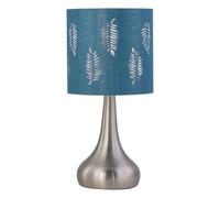 firstchoicelighting Brushed Chrome Touch Operated Table Lamp or Bedside Light, Modern Design, Height 36cm, Teal Fern Shade, LED Compatible