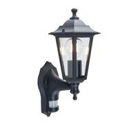 firstchoicelighting Classic Outdoor Garden Porch Security Wall Light, PIR Motion Sensor Activated, Black Six Sided Glass Lantern, IP44 Rated Waterproof, LED Compatible