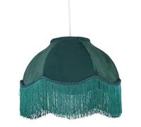 firstchoicelighting Dark Green Velvet Fringed Ceiling Pendant Lightshade or Table Lampshade, Easy Fit Shade, Vintage Design, 35cm Diameter