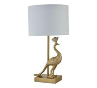 firstchoicelighting Gold Peacock Table Lamp or Bedside Light with White Fabric Shade, Resin Base, Height 41cm, LED Compatible