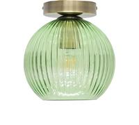 firstchoicelighting Green Ribbed Glass Globe Ceiling Light Flush Fitting with Antique Brass Detail, Modern Low Ceiling Lighting