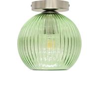 firstchoicelighting Green Ribbed Glass Globe Ceiling Light Flush Fitting with Satin Nickel Detail, Modern Low Ceiling Lighting
