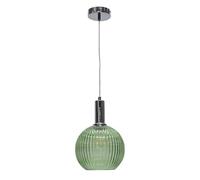 firstchoicelighting Green Ribbed Glass Globe Ceiling Light Pendant with Modern Deco Style Chrome Cable Kit, Height Adjustable, Kitchen Island Dining Lighting