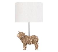 firstchoicelighting Highland Cow Table Lamp or Bedside Light with Oatmeal Linen Fabric Shade, Resin Animal, Height 42 cm, LED Compatible