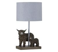 firstchoicelighting Highland Cows Table Lamp or Bedside Light with Oatmeal Linen Fabric Shade, Parent & Baby Resin Animal, Height 46 cm, LED Compatible