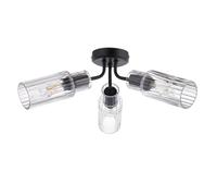 firstchoicelighting Modern 3-Light Ceiling Fixture, Black with Ribbed Clear Glass Shades, LED Compatible, Diameter 50cm