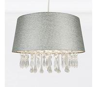 firstchoicelighting Modern Ceiling Lightshade, Sparkle Grey Faux Silk with Clear Beaded Jewels, Easy Fit Pendant Shade, Diameter 30 cm