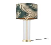 firstchoicelighting Modern Satin Brass & Glass Table Lamp Bedside Light Green & Gold Leaf Shade, LED Compatible, Height 54cm, Inline Switch