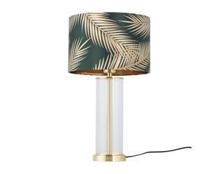 firstchoicelighting Modern Satin Brass & Glass Table Lamp Bedside Light Green & Gold Leaf Shade, LED Compatible, Height 54cm, Inline Switch