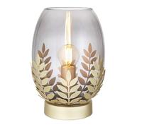 firstchoicelighting Modern Satin Gold Table Lamp Bedside Light with Leaf Detail, Smokey Grey Glass, Height 22cm