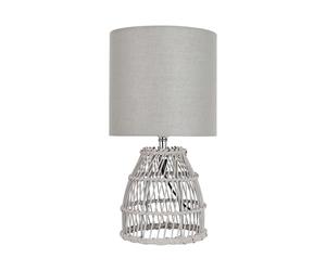 firstchoicelighting Natural Bamboo Table Lamp or Bedside Light, Grey Wash Finish with Grey Fabric Shade, Height 31.5 cm, Wicker Rattan Lighting