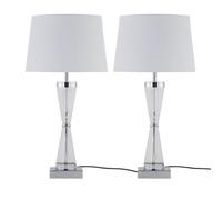 firstchoicelighting Pair Chrome Plated Touch Lamps with White Fabric Shades Operated Bedside Lights Ribbed Glass Base LED Compatible