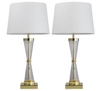 firstchoicelighting Pair Gold Plated Touch Lamps with White Fabric Shades Operated Bedside Lights Ribbed Glass Base LED Compatible