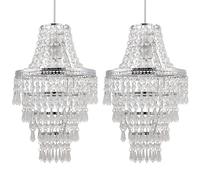 firstchoicelighting Pair of Chandelier Style Ceiling Light Shades Modern Chrome with Clear Acrylic Crystal Tiered Design Easy Fit Pendant Shades - No Wiring Required Height 36cm Diameter 23cm