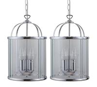 firstchoicelighting Pair of Chrome Pendant Lights with Clear Glass Panels in Traditional Lantern Style
