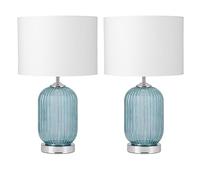 firstchoicelighting Pair of Modern Deco Design Lamps Turquoise Ribbed Glass Table Lamps or Bedside Lights White Fabric Shades 47cm Height LED Compatible