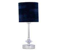 firstchoicelighting Polished Chrome Table Lamp or Bedside Light, Modern Acrylic Crystal Design, Navy Blue Crushed Velvet Shade, Height 35cm, LED Compatible