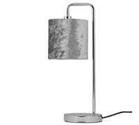 firstchoicelighting Polished Chrome Table Lamp or Bedside Light, Modern Arched Design, Grey Crushed Velvet Shade, Height 45cm, LED Compatible