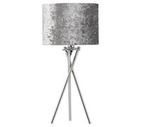 firstchoicelighting Polished Chrome Tripod Table Lamp or Bedside Light, Modern Design, Grey Crushed Velvet Shade, Height 52cm, LED Compatible