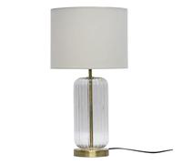 firstchoicelighting Ribbed Glass Brass Table Lamp or Bedside Light, Clear with Ivory Fabric Shade, Height 49cm.