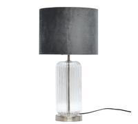 firstchoicelighting Ribbed Glass Brushed Chrome Table Lamp or Bedside Light, Cear Glass with Grey Velvet Shade, Height 49cm.