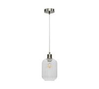 firstchoicelighting Ribbed Glass Ceiling Light Pendant with Satin Nickel and Clear Cable, Height Adjustable 23-130cm, Kitchen Island Dining Lighting