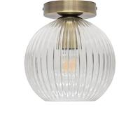 firstchoicelighting Ribbed Glass Globe Ceiling Light Flush Fitting with Antique Brass Detail, Modern Low Ceiling Lighting