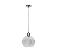 firstchoicelighting Ribbed Glass Globe Ceiling Light Pendant with Chrome Details and Clear Cable, Height Adjustable 23-130cm, Kitchen Island Dining Lighting