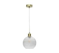 Ribbed Glass Globe Ceiling Light Pendant with Satin Brass and Clear Cable, Height Adjustable 23-130cm, Kitchen Island Dining Lighting