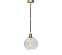 firstchoicelighting Ribbed Glass Globe Ceiling Light Pendant with Vintage Style Antique Brass Cable Kit, Height Adjustable, Kitchen Island Dining Lighting