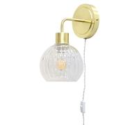 firstchoicelighting Satin Brass Plug in Wall Light or Bedside Reading Lamp with Clear Ribbed Glass Shade