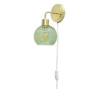 firstchoicelighting Satin Brass Plug in Wall Light or Bedside Reading Lamp with Green Ribbed Glass Shade