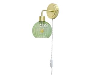 firstchoicelighting Satin Brass Plug in Wall Light or Bedside Reading Lamp with Green Ribbed Glass Shade