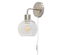 firstchoicelighting Satin Nickel Plug in Wall Light or Bedside Reading Lamp with Clear Ribbed Glass Shade